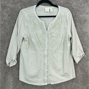 Chicos Shirt Womens 2 Large 12 Beige Metallic Sequins Button Up Roll Tab Blouse